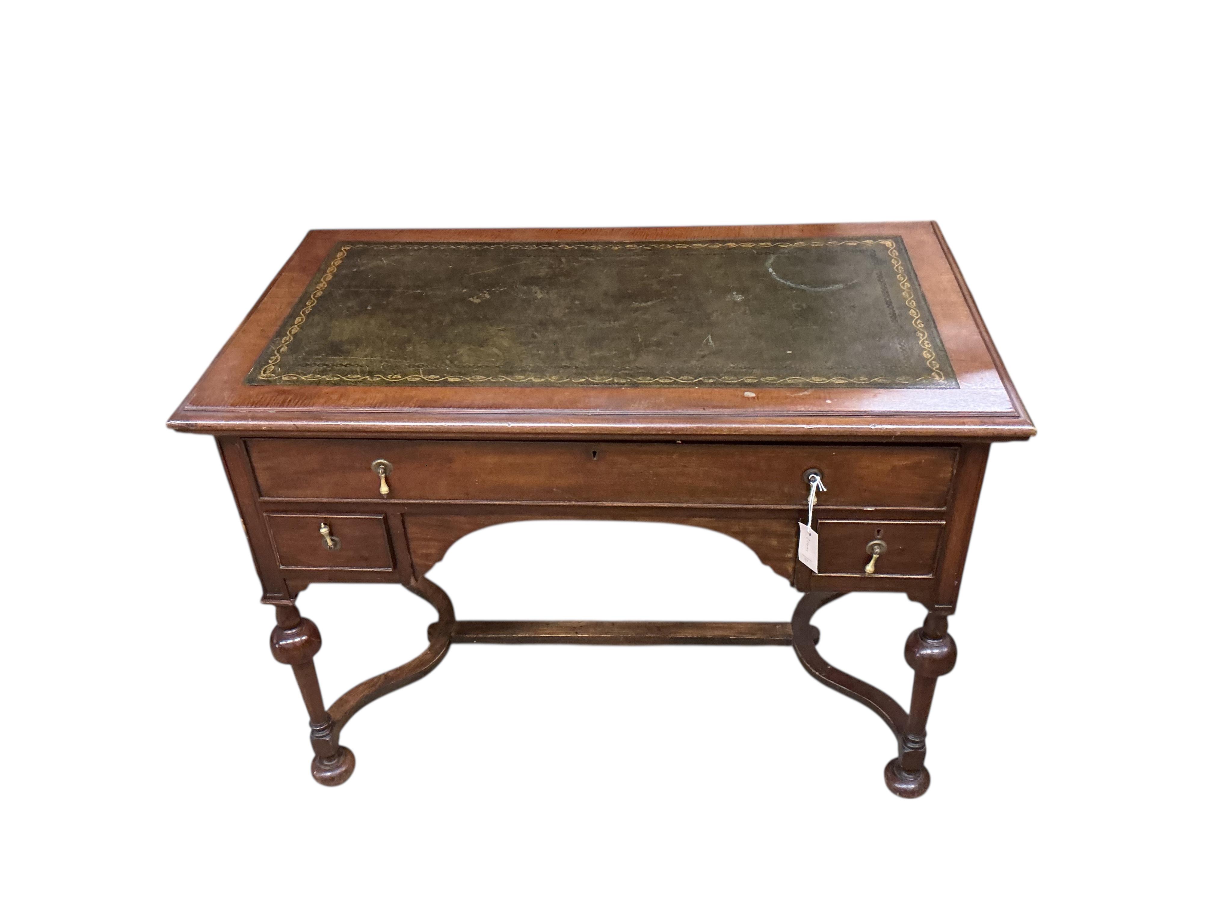 An early 20th century William and Mary style rectangular mahogany writing table, width 106cm, depth 60cm, height 76cm